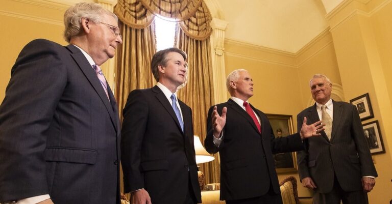 Brett Kavanaugh with Mitch McConnell, Mike Pence, and John Kyl (public domain)